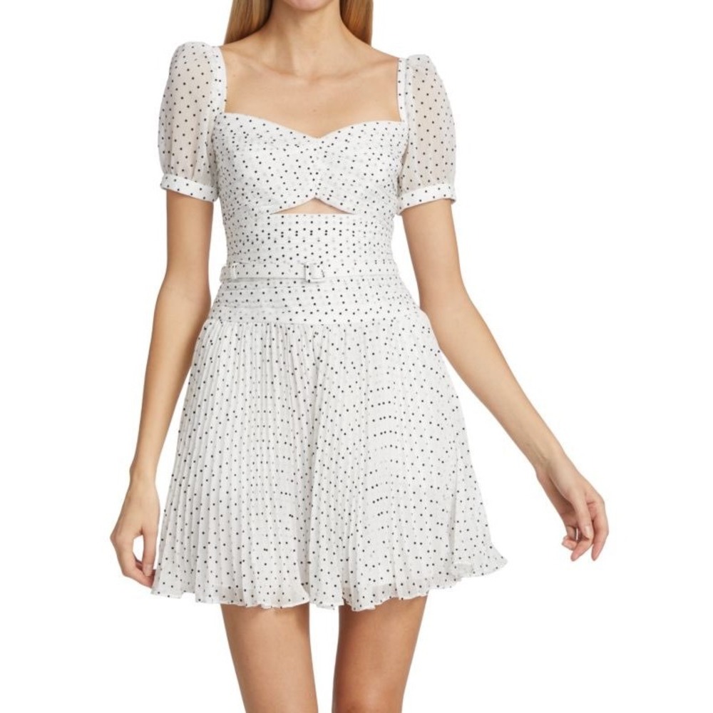 Self Portrait White Black Polka Dot Puff Sleeve Cutout Pleated Mini Dress US 8